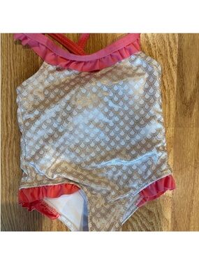 Penelope Mack Girls White Swimsuit with Pink Ruffle mermaid